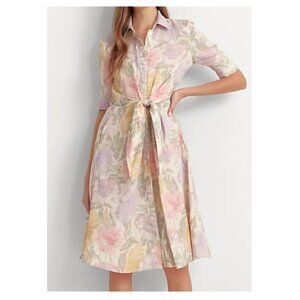 Ralph Lauren Floral Tie Front Linen Shirt Dress Sz 10 $185 Pink Purple G…